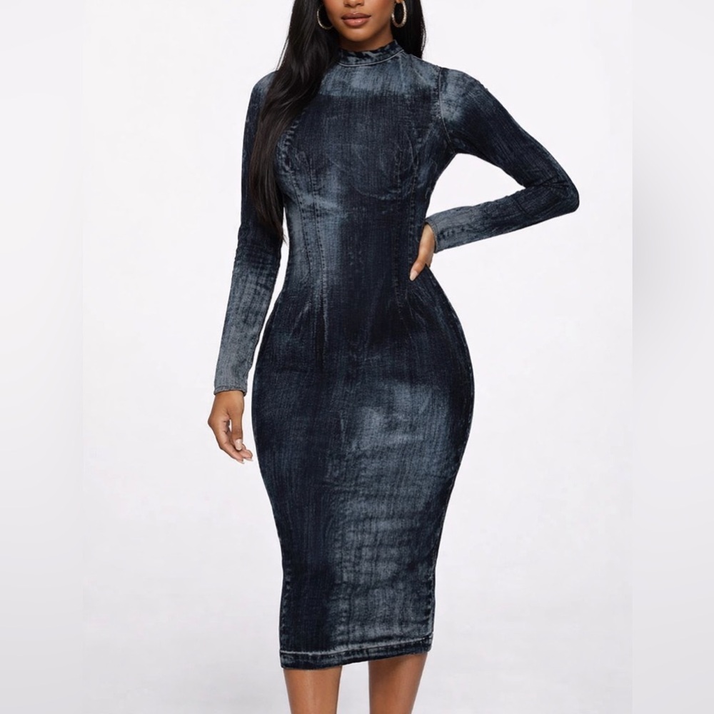 Aphrodite Denim Print Bodycon Long Sleeve Midi Dress NWOT Size S
